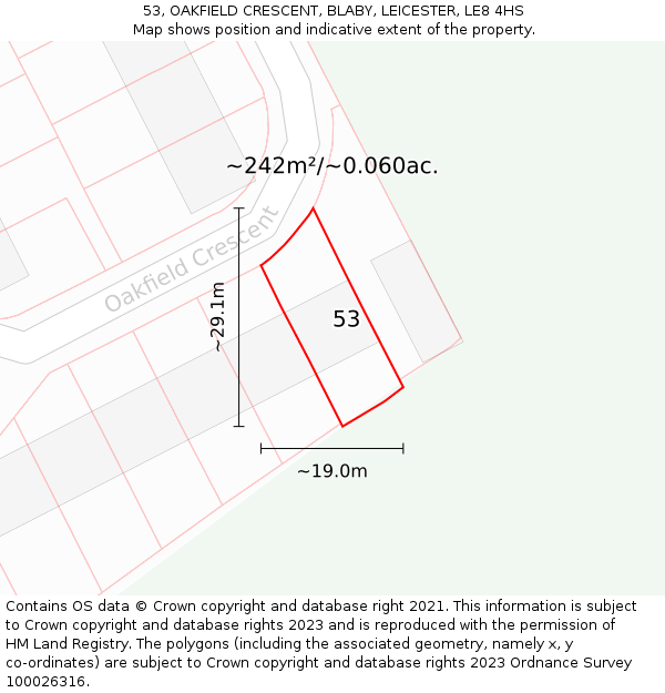 53, OAKFIELD CRESCENT, BLABY, LEICESTER, LE8 4HS: Plot and title map