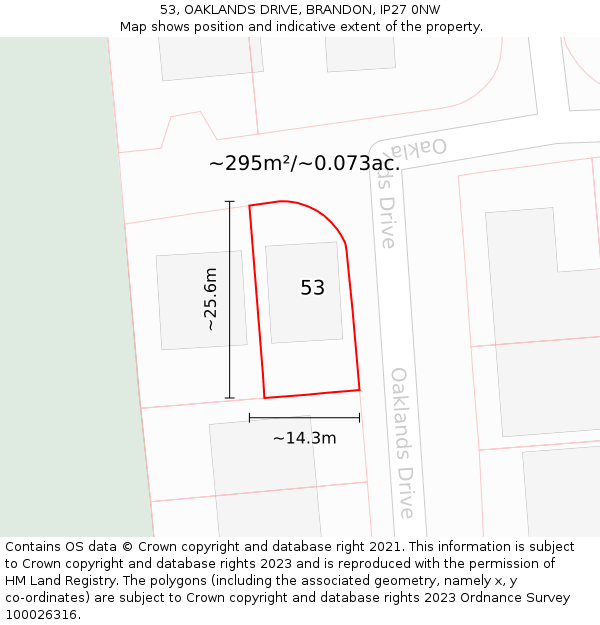 53, OAKLANDS DRIVE, BRANDON, IP27 0NW: Plot and title map