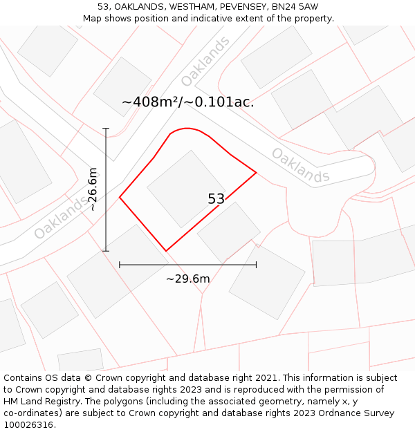 53, OAKLANDS, WESTHAM, PEVENSEY, BN24 5AW: Plot and title map