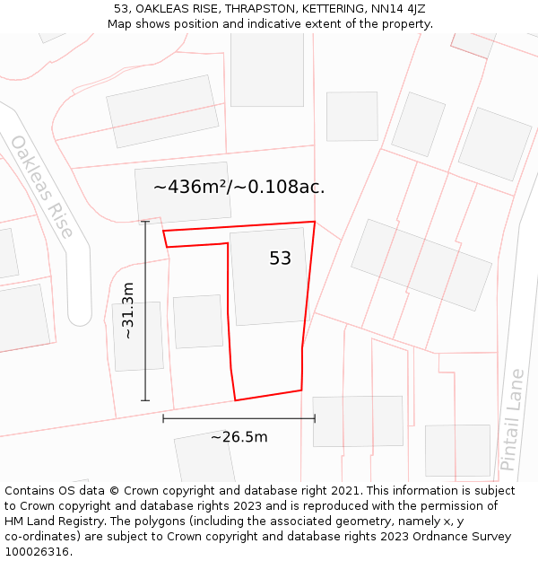 53, OAKLEAS RISE, THRAPSTON, KETTERING, NN14 4JZ: Plot and title map
