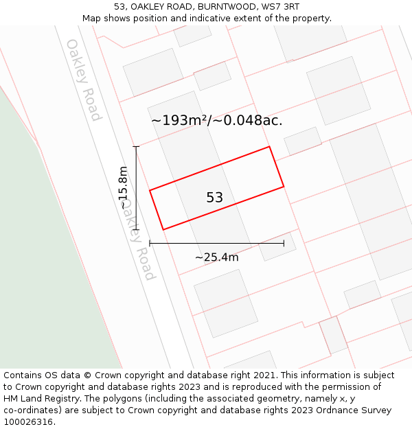 53, OAKLEY ROAD, BURNTWOOD, WS7 3RT: Plot and title map