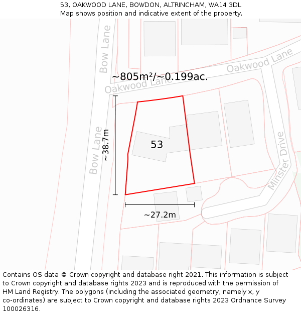 53, OAKWOOD LANE, BOWDON, ALTRINCHAM, WA14 3DL: Plot and title map