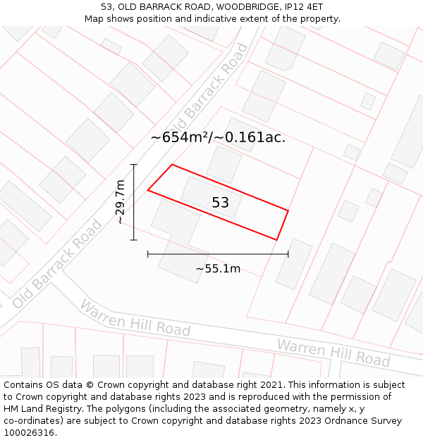 53, OLD BARRACK ROAD, WOODBRIDGE, IP12 4ET: Plot and title map
