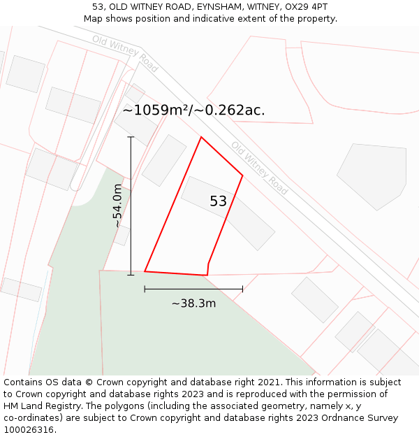 53, OLD WITNEY ROAD, EYNSHAM, WITNEY, OX29 4PT: Plot and title map