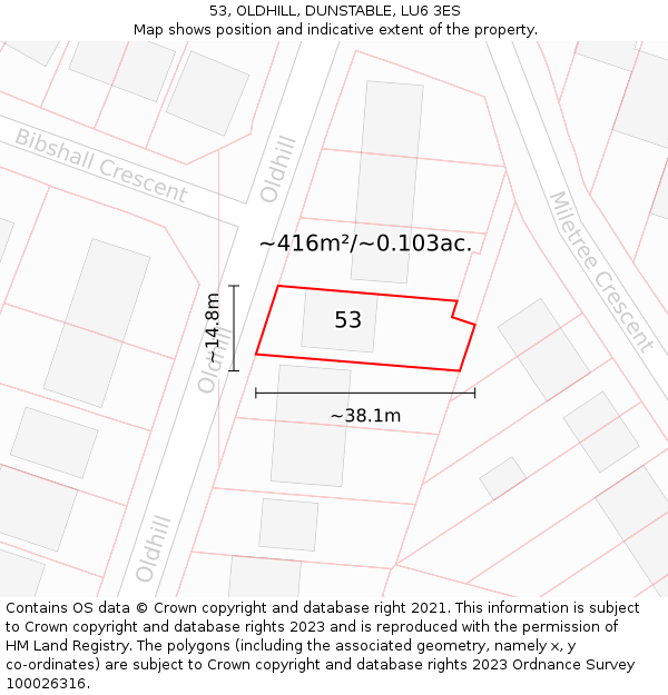 53, OLDHILL, DUNSTABLE, LU6 3ES: Plot and title map