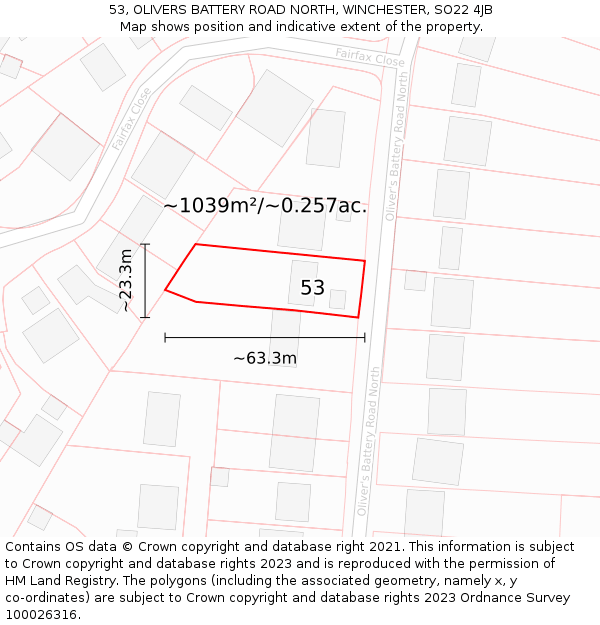 53, OLIVERS BATTERY ROAD NORTH, WINCHESTER, SO22 4JB: Plot and title map