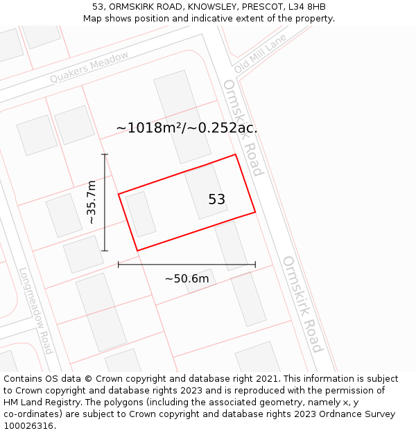 53, ORMSKIRK ROAD, KNOWSLEY, PRESCOT, L34 8HB: Plot and title map