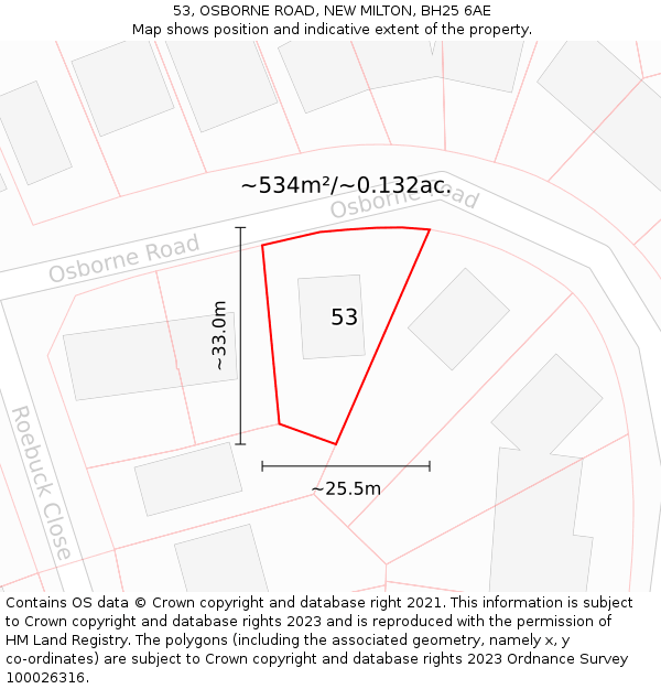 53, OSBORNE ROAD, NEW MILTON, BH25 6AE: Plot and title map
