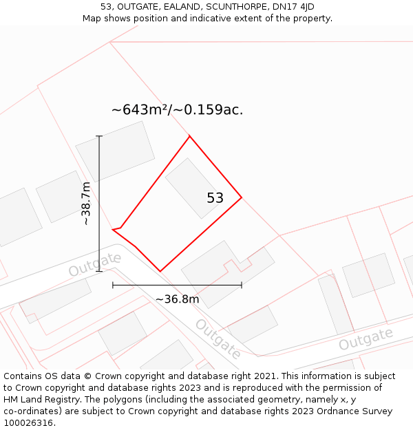 53, OUTGATE, EALAND, SCUNTHORPE, DN17 4JD: Plot and title map