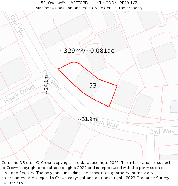 53, OWL WAY, HARTFORD, HUNTINGDON, PE29 1YZ: Plot and title map