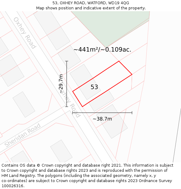 53, OXHEY ROAD, WATFORD, WD19 4QG: Plot and title map