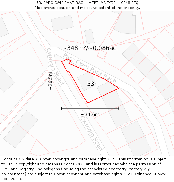 53, PARC CWM PANT BACH, MERTHYR TYDFIL, CF48 1TQ: Plot and title map