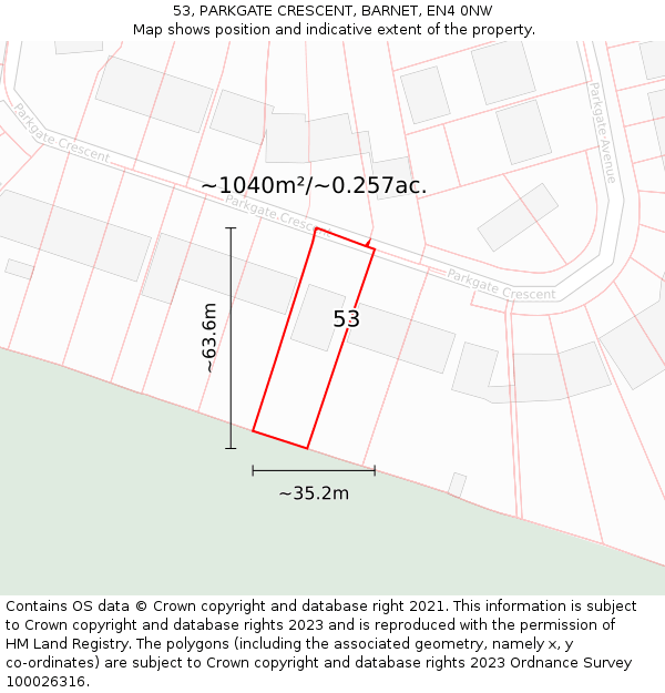 53, PARKGATE CRESCENT, BARNET, EN4 0NW: Plot and title map