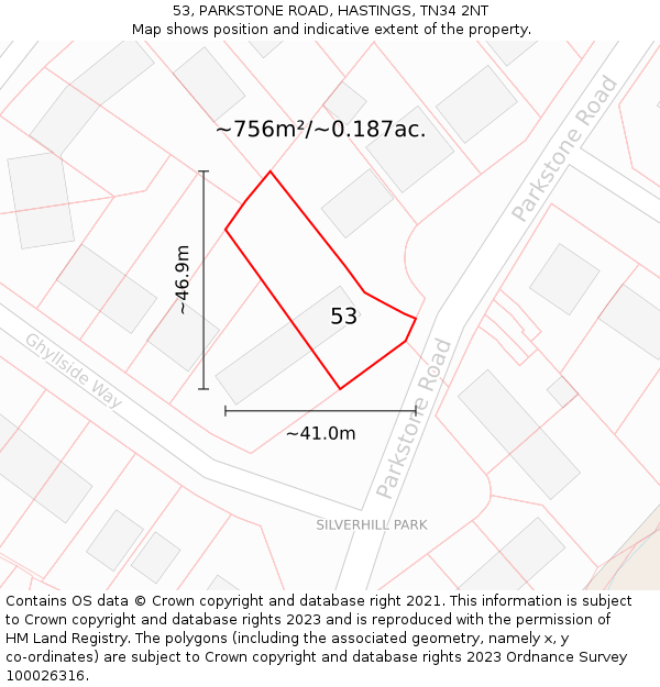 53, PARKSTONE ROAD, HASTINGS, TN34 2NT: Plot and title map