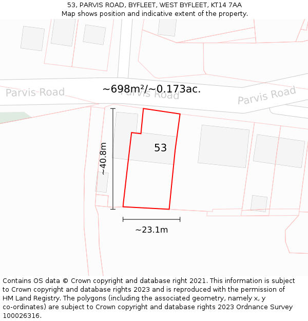 53, PARVIS ROAD, BYFLEET, WEST BYFLEET, KT14 7AA: Plot and title map