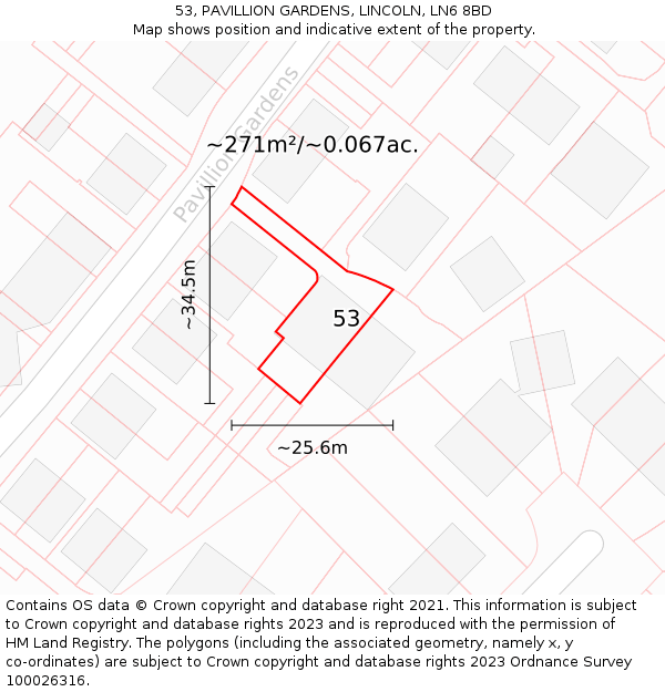 53, PAVILLION GARDENS, LINCOLN, LN6 8BD: Plot and title map