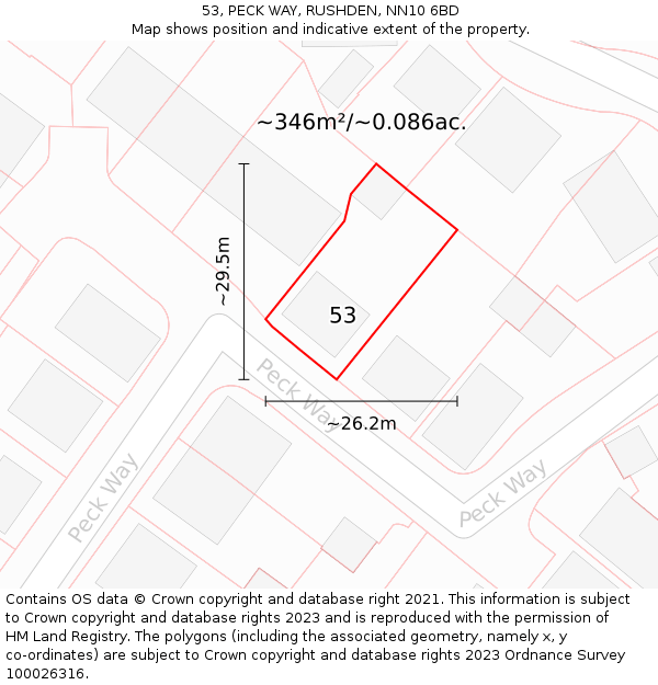 53, PECK WAY, RUSHDEN, NN10 6BD: Plot and title map