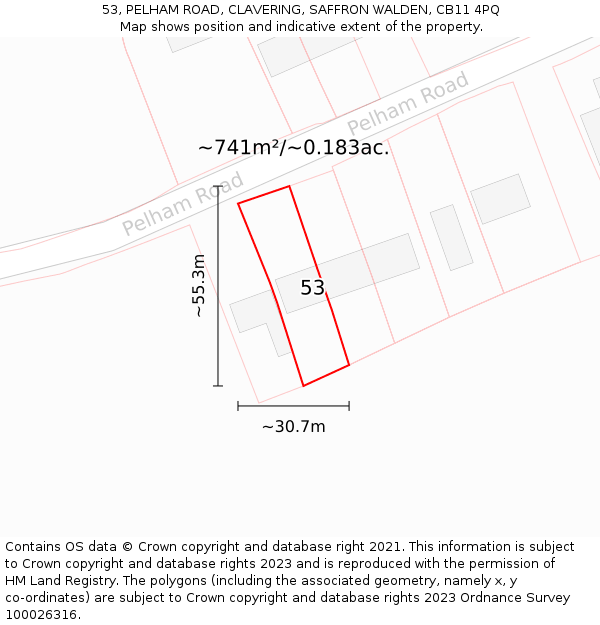 53, PELHAM ROAD, CLAVERING, SAFFRON WALDEN, CB11 4PQ: Plot and title map