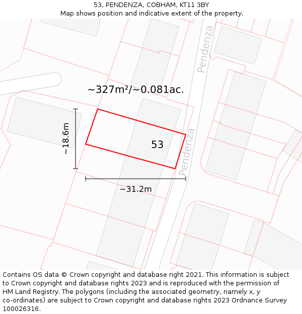 53, PENDENZA, COBHAM, KT11 3BY: Plot and title map