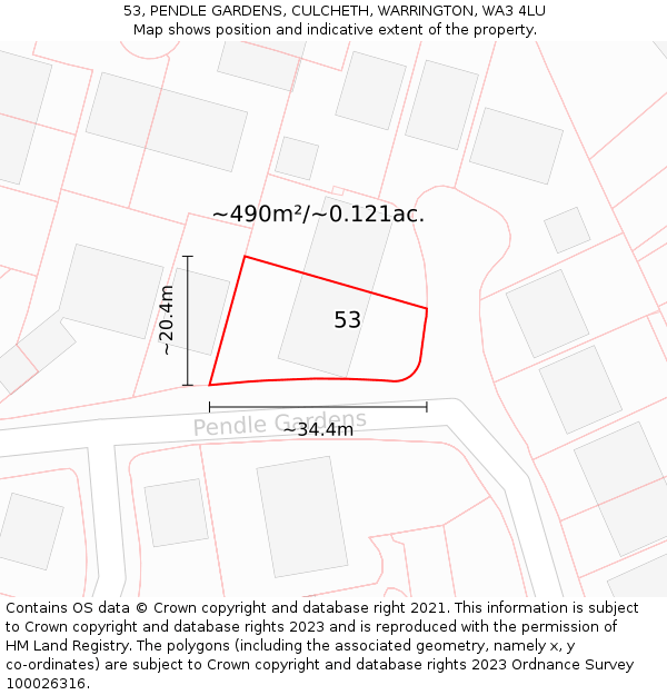 53, PENDLE GARDENS, CULCHETH, WARRINGTON, WA3 4LU: Plot and title map