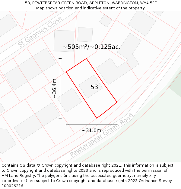 53, PEWTERSPEAR GREEN ROAD, APPLETON, WARRINGTON, WA4 5FE: Plot and title map