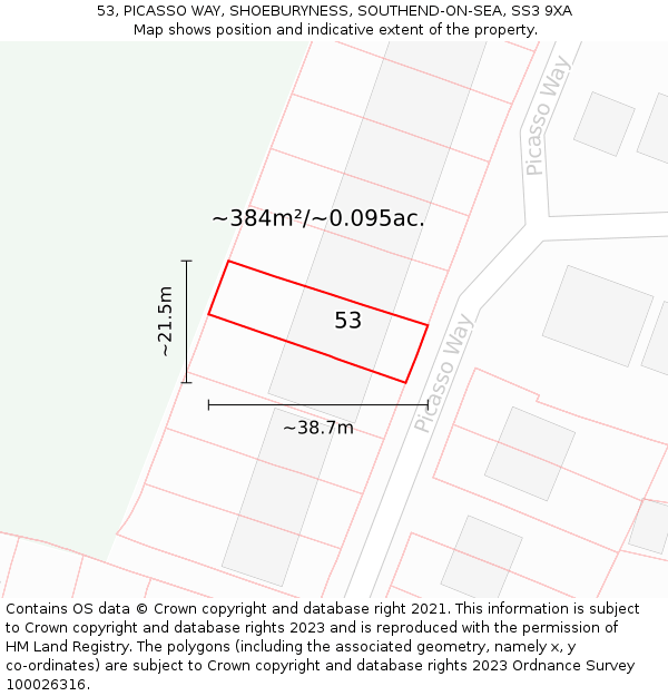 53, PICASSO WAY, SHOEBURYNESS, SOUTHEND-ON-SEA, SS3 9XA: Plot and title map