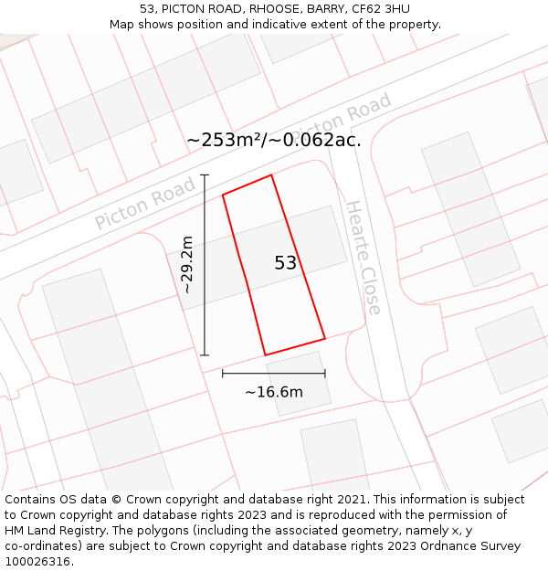 53, PICTON ROAD, RHOOSE, BARRY, CF62 3HU: Plot and title map