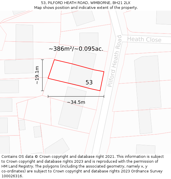 53, PILFORD HEATH ROAD, WIMBORNE, BH21 2LX: Plot and title map