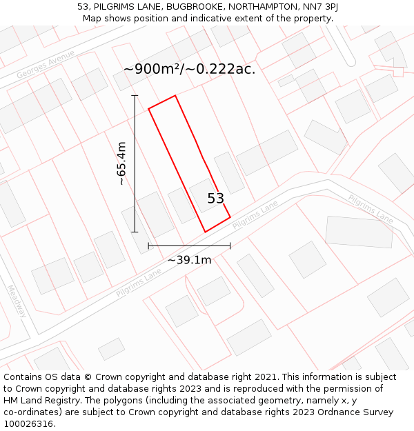 53, PILGRIMS LANE, BUGBROOKE, NORTHAMPTON, NN7 3PJ: Plot and title map