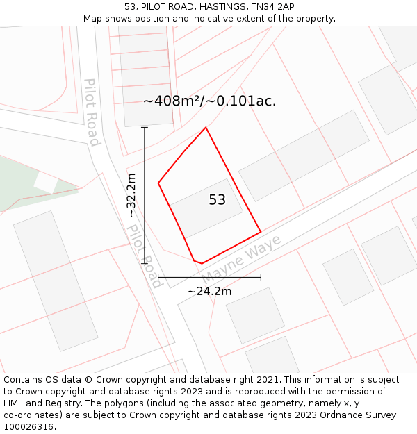 53, PILOT ROAD, HASTINGS, TN34 2AP: Plot and title map