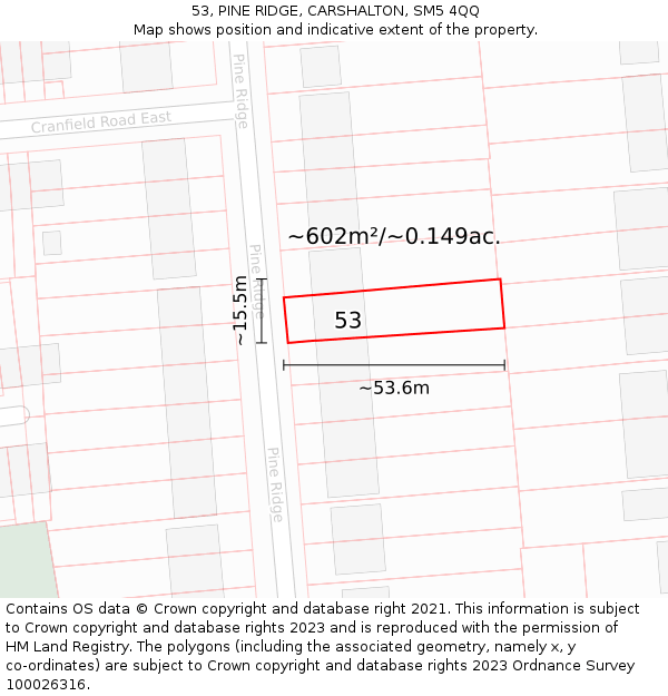 53, PINE RIDGE, CARSHALTON, SM5 4QQ: Plot and title map
