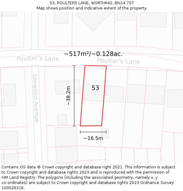 53, POULTERS LANE, WORTHING, BN14 7ST: Plot and title map