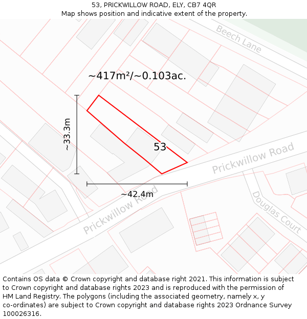 53, PRICKWILLOW ROAD, ELY, CB7 4QR: Plot and title map
