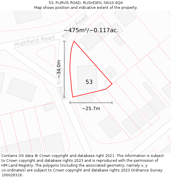 53, PURVIS ROAD, RUSHDEN, NN10 9QA: Plot and title map