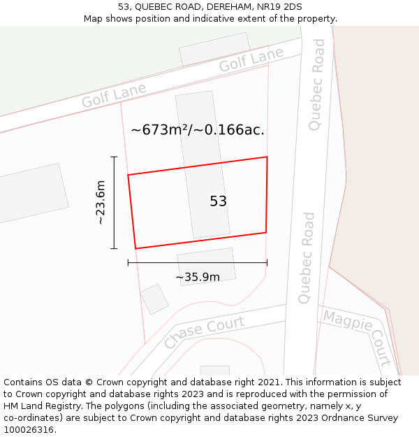 53, QUEBEC ROAD, DEREHAM, NR19 2DS: Plot and title map