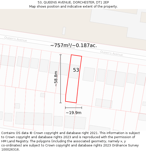 53, QUEENS AVENUE, DORCHESTER, DT1 2EP: Plot and title map