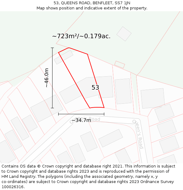 53, QUEENS ROAD, BENFLEET, SS7 1JN: Plot and title map