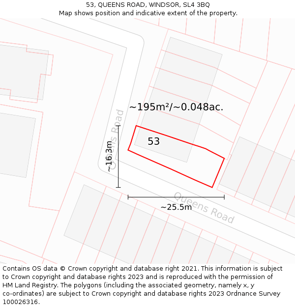 53, QUEENS ROAD, WINDSOR, SL4 3BQ: Plot and title map