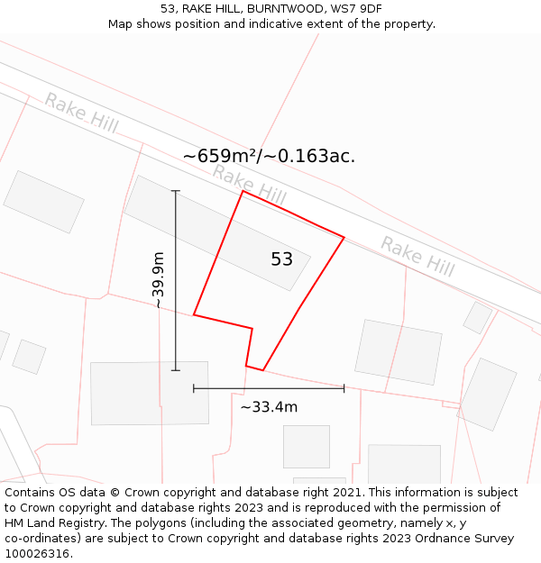53, RAKE HILL, BURNTWOOD, WS7 9DF: Plot and title map