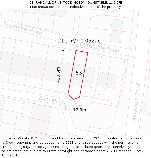 53, RANDALL DRIVE, TODDINGTON, DUNSTABLE, LU5 6FE: Plot and title map