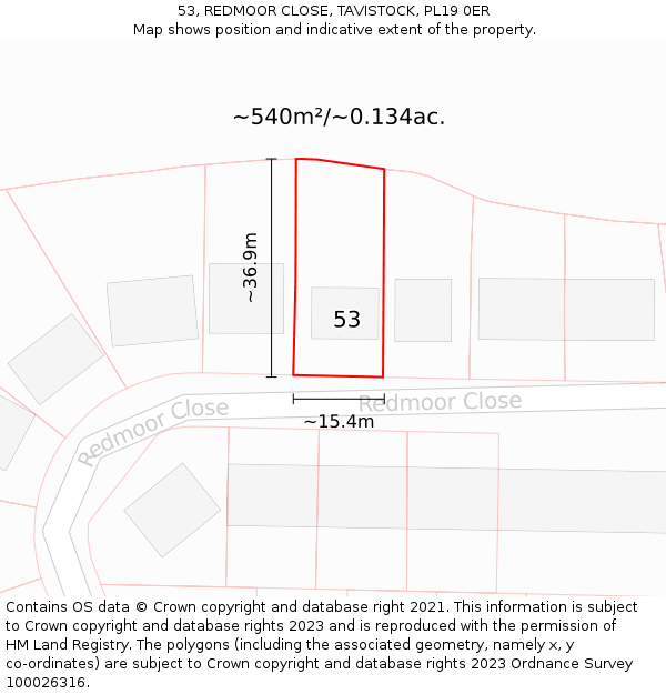 53, REDMOOR CLOSE, TAVISTOCK, PL19 0ER: Plot and title map