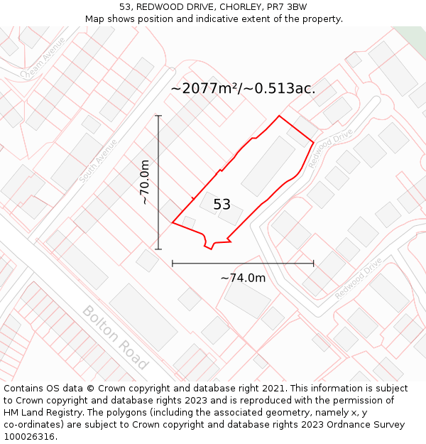 53, REDWOOD DRIVE, CHORLEY, PR7 3BW: Plot and title map