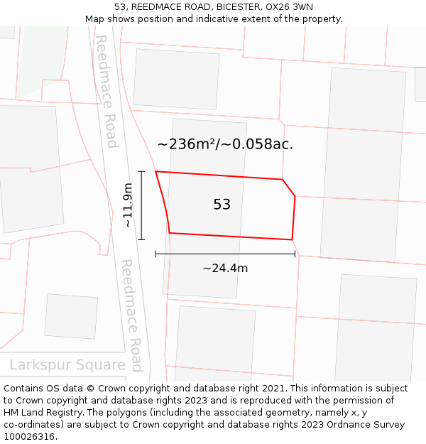 53, REEDMACE ROAD, BICESTER, OX26 3WN: Plot and title map