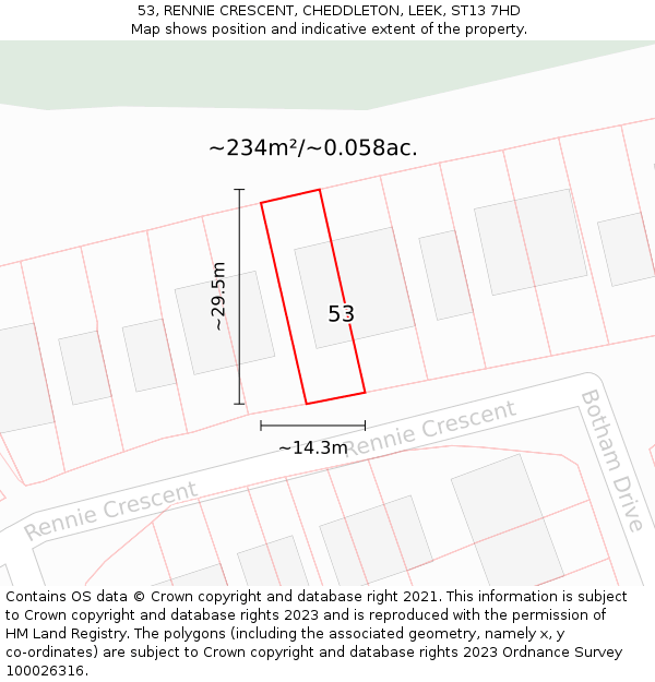 53, RENNIE CRESCENT, CHEDDLETON, LEEK, ST13 7HD: Plot and title map