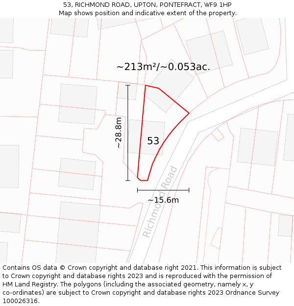 53, RICHMOND ROAD, UPTON, PONTEFRACT, WF9 1HP: Plot and title map