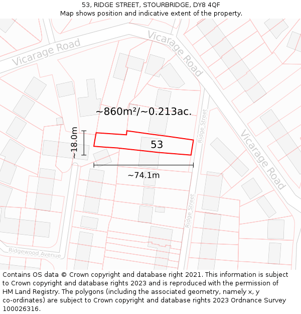 53, RIDGE STREET, STOURBRIDGE, DY8 4QF: Plot and title map