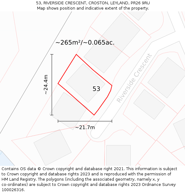 53, RIVERSIDE CRESCENT, CROSTON, LEYLAND, PR26 9RU: Plot and title map