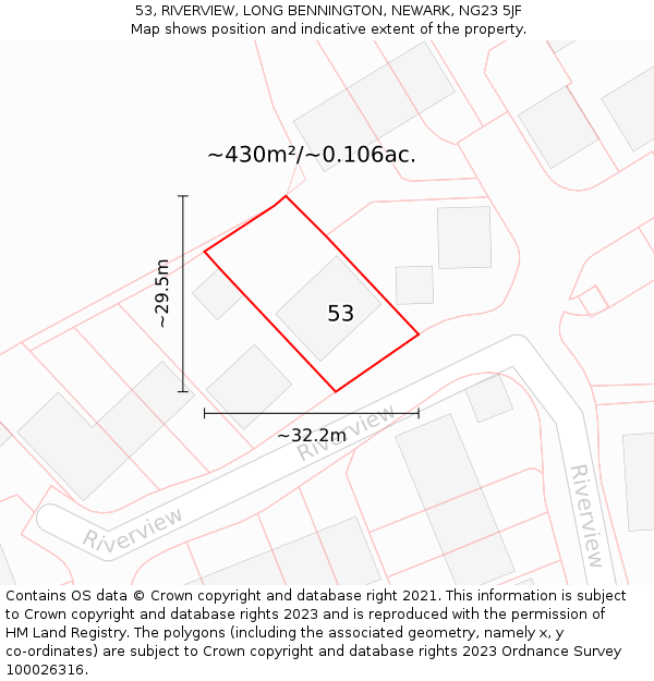 53, RIVERVIEW, LONG BENNINGTON, NEWARK, NG23 5JF: Plot and title map