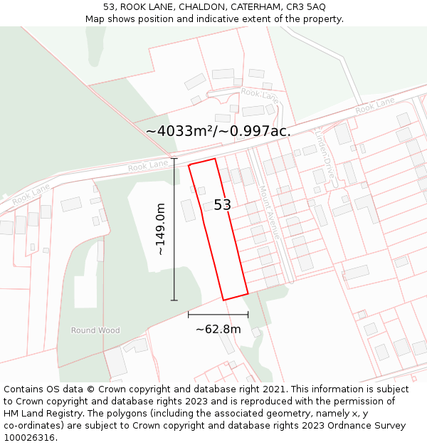 53, ROOK LANE, CHALDON, CATERHAM, CR3 5AQ: Plot and title map