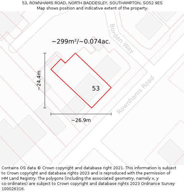53, ROWNHAMS ROAD, NORTH BADDESLEY, SOUTHAMPTON, SO52 9ES: Plot and title map